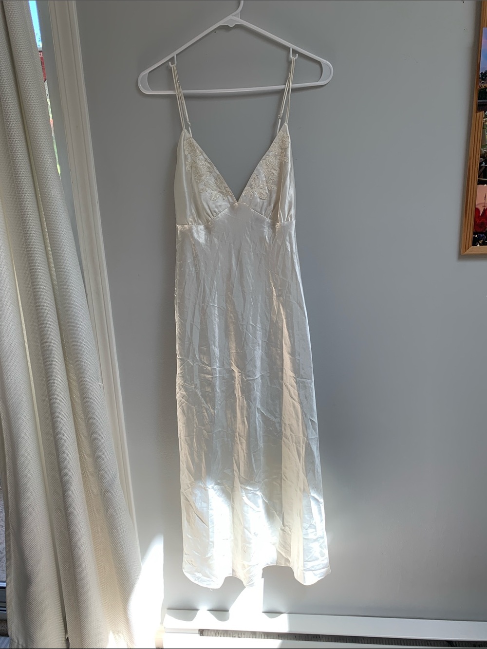 Classic White Satin Slip Dress with Lace Trim